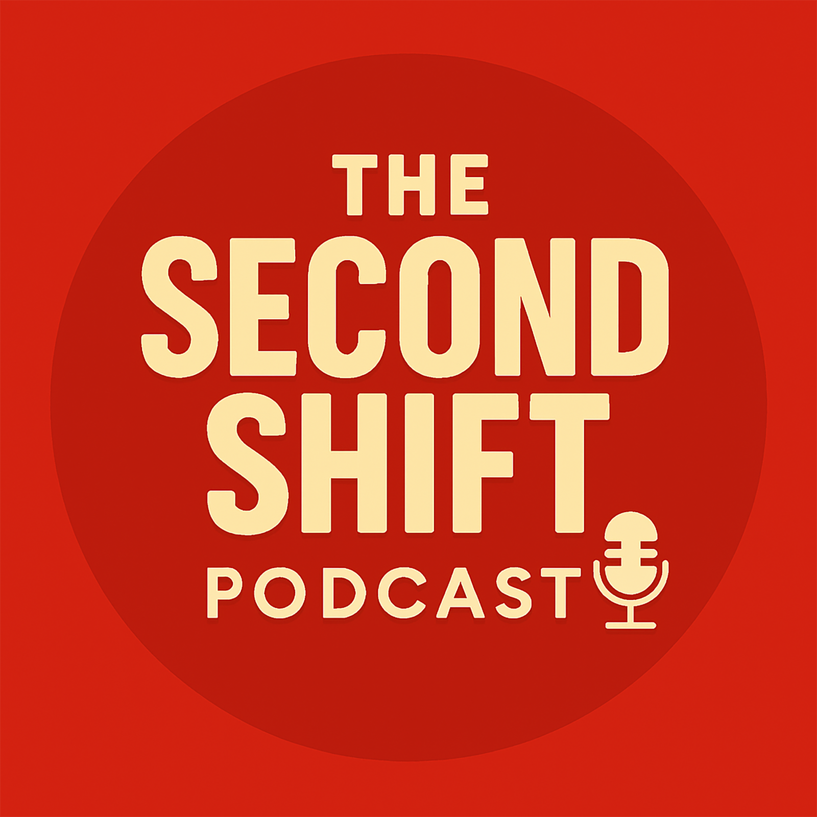 The Second Shift Podcast logo with bold capitalized text in a circular red background, featuring a microphone icon beneath the word 'Podcast
